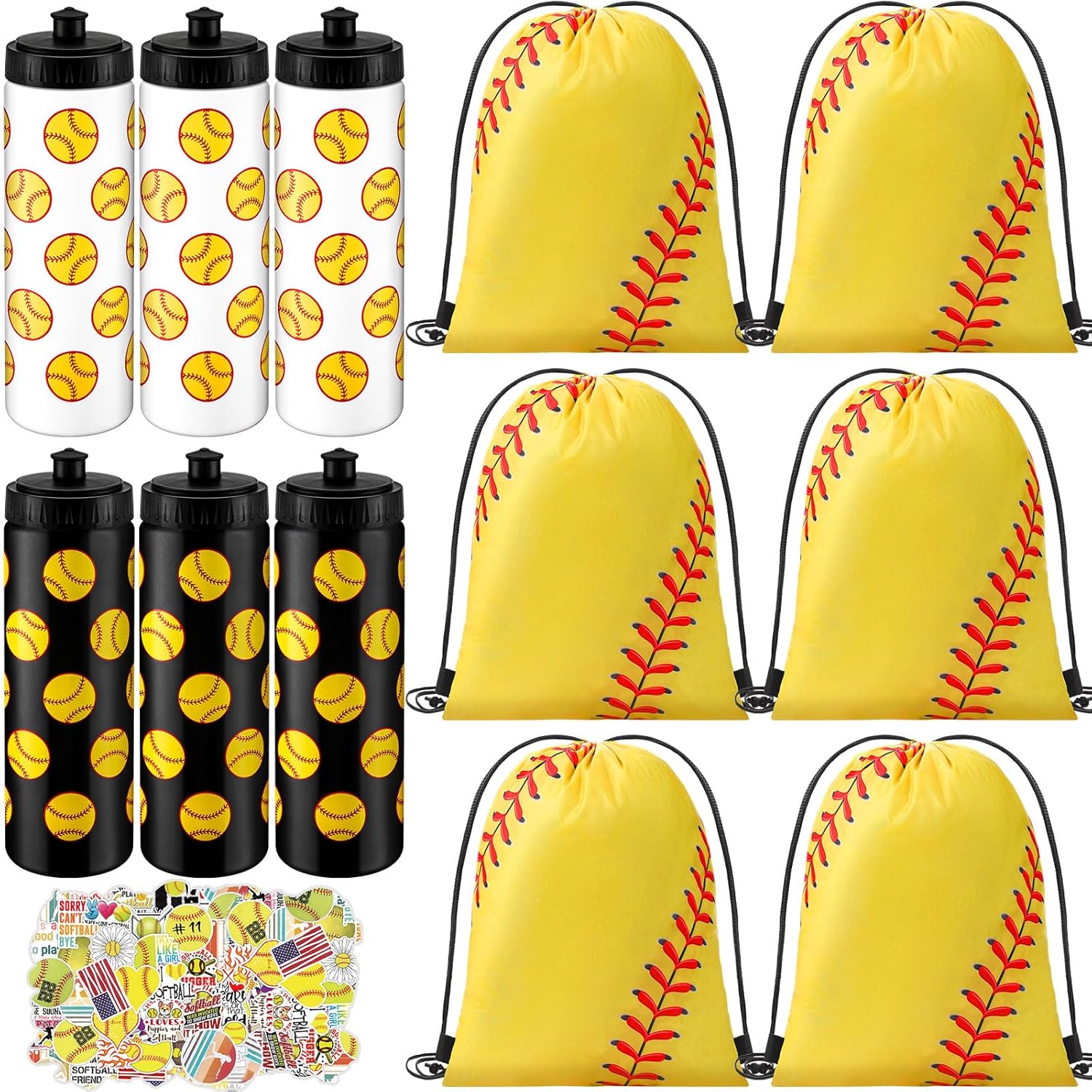 12 Pcs or 24 pc 20 Oz Softball Water Bottles Bulk with Drawstring Bag 50 Sticker Set Softball Squeeze Water Bottles Sports Reusable Bottle for Gym Bike Cycling Party Supplies Gifts