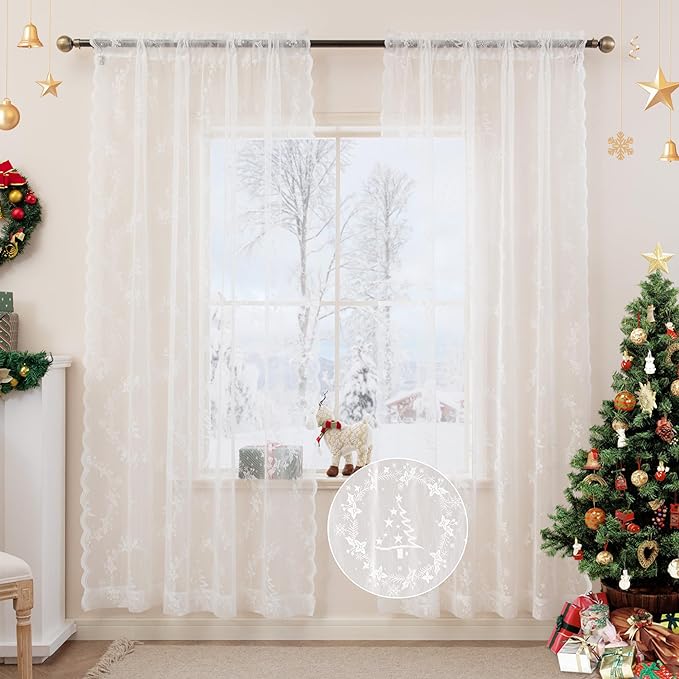 Sheer Lace Christmas Curtains for Living Room, Xmas Snowflake Embroidery Weave Sheer Curtains for Holiday Window Decoration, Rod Pocket White Christmas Drapes, 2 Panels 52 x 95 Inch