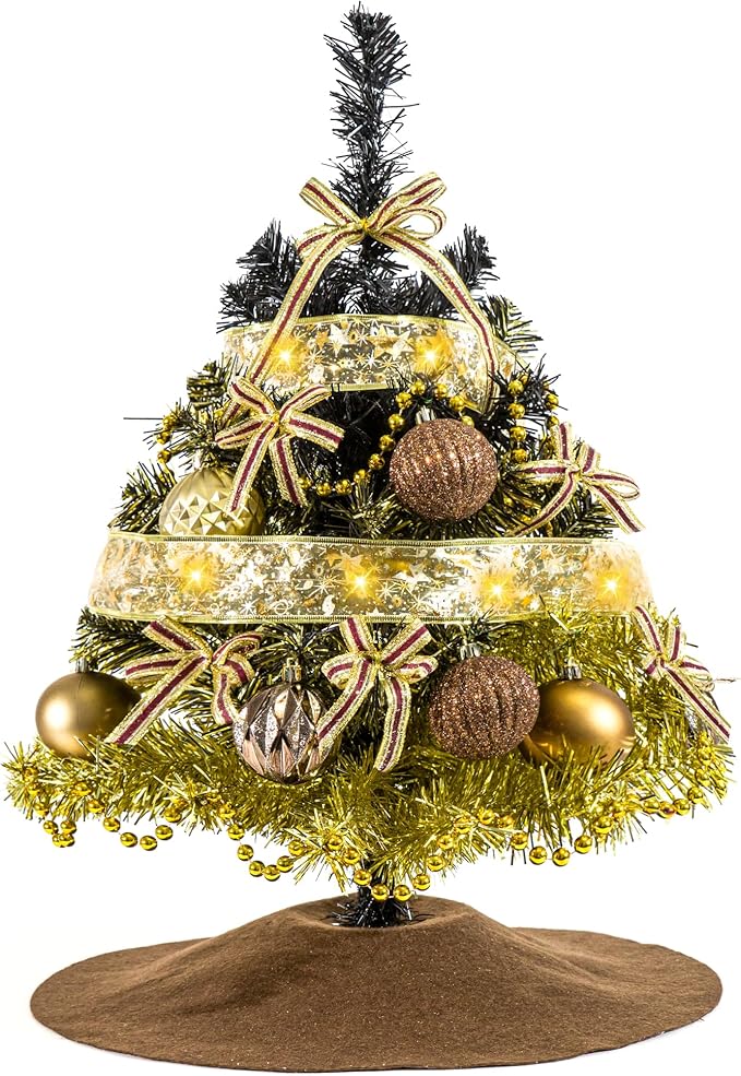 Small 2 FT Christmas Tree Decorations - Mini Christmas Table Top Tree Artificial, Xmas Desk 24 Inch Tree with Ribbon Lights, Ornament for Home Decor Indoor Office Holiday Tabletop Party (Gold)