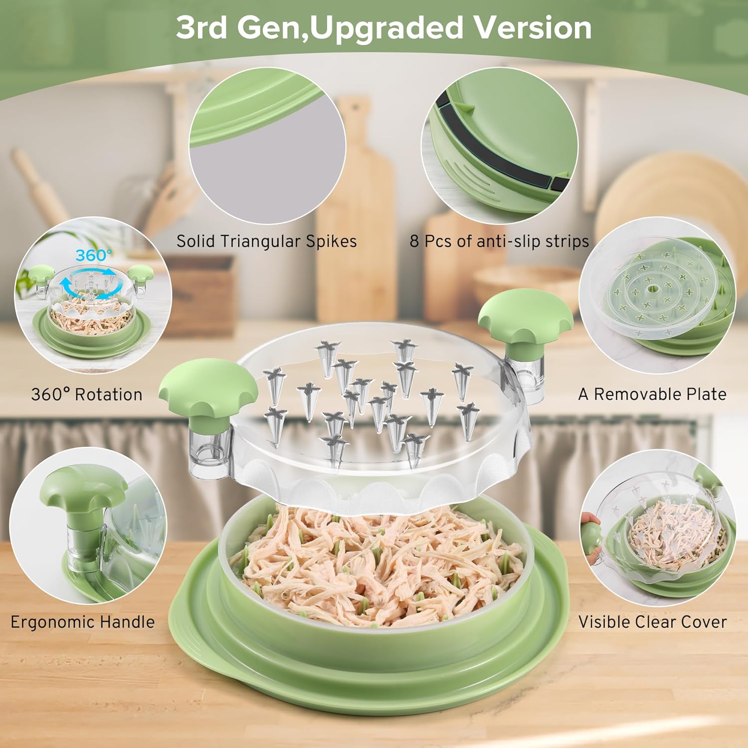 Chicken Shredder Tool Twist Large with Detachable Plate for Easy Transfer, Chicken Breast Shredder, Meat Shredder, Strong Anti-Slip Strip Base, Visible Lid, Ergonomic Handle, Dishwasher Safe