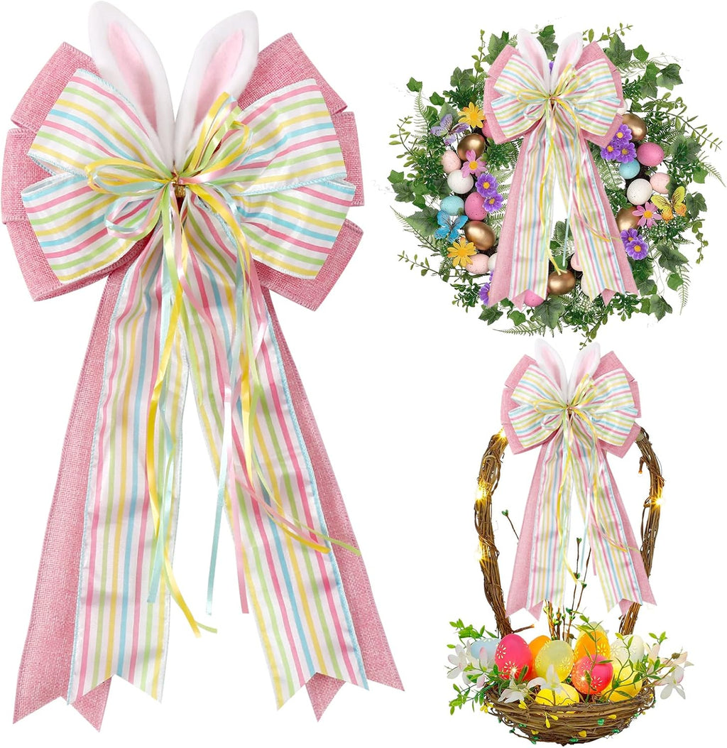 Easter Bows for Wreaths Decorations,Easter Tree Topper Bow,Decorative Bow with Bunny Ears Pink Burlap for Spring Home Front Door Outdoor