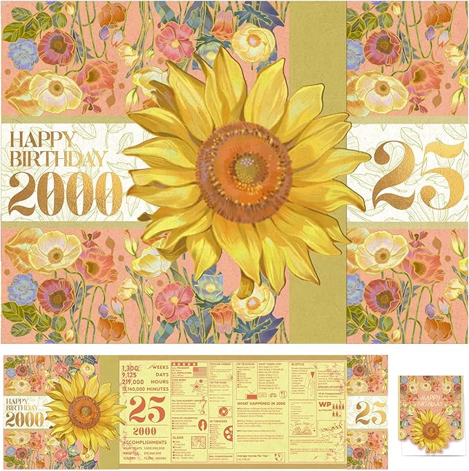2025 25th Birthday Greeting Card, 25 Years Old Birthday Gift Card, Memory Back In 2000, Sunflower (Envelope)