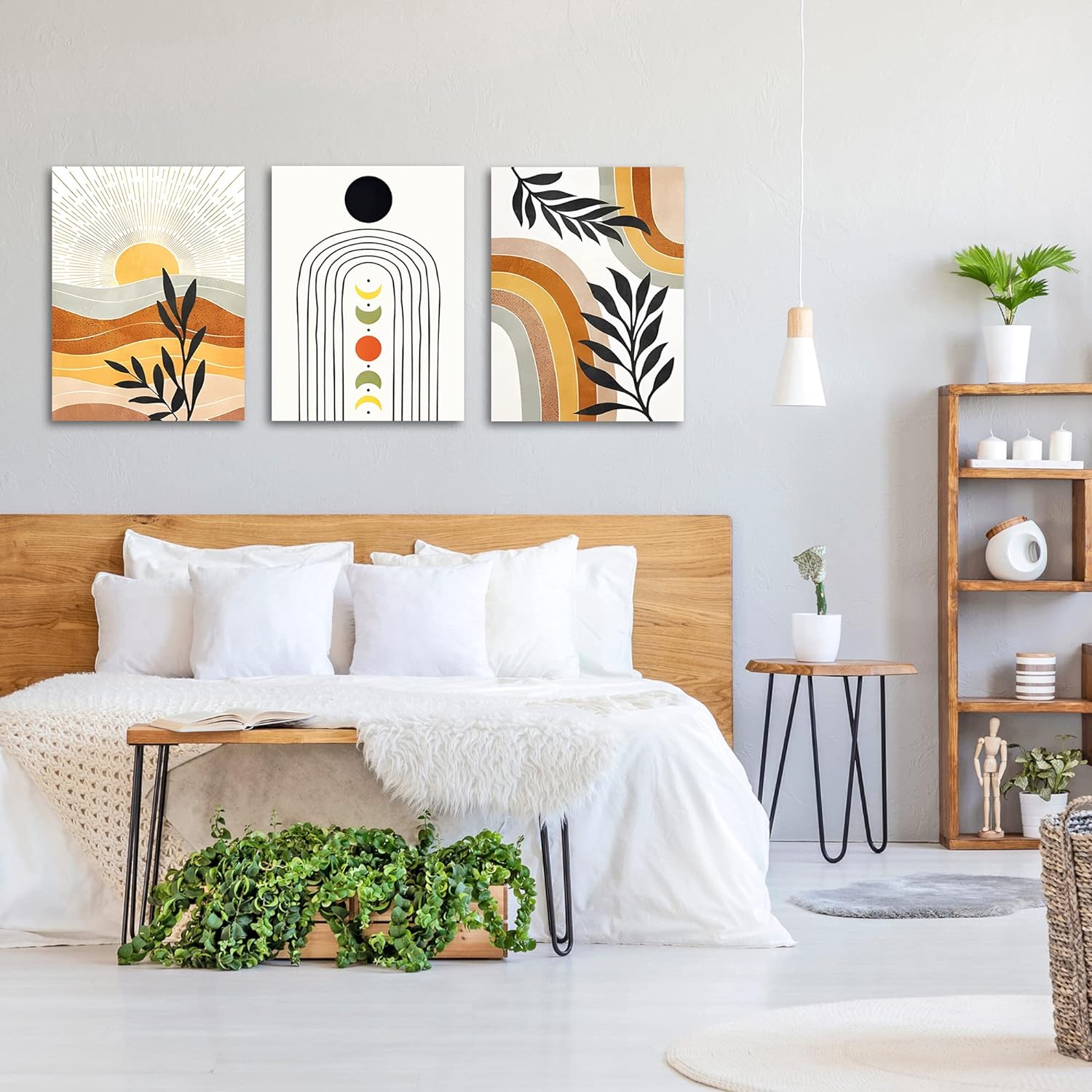 Oniavenbr Boho Wall Art Set of 3,boho Wall Decor, Abstract Minimalist Framed Canvas Wall Art Modern Botanical Neutral Geometric Home Decor 12" X 16"