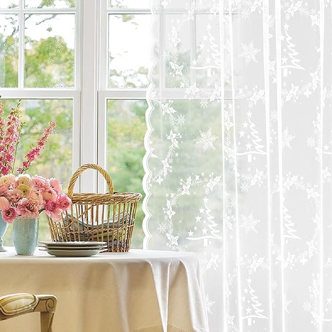Sheer Lace Christmas Curtains for Living Room, Xmas Snowflake Embroidery Weave Sheer Curtains for Holiday Window Decoration, Rod Pocket White Christmas Drapes, 2 Panels 52 x 95 Inch