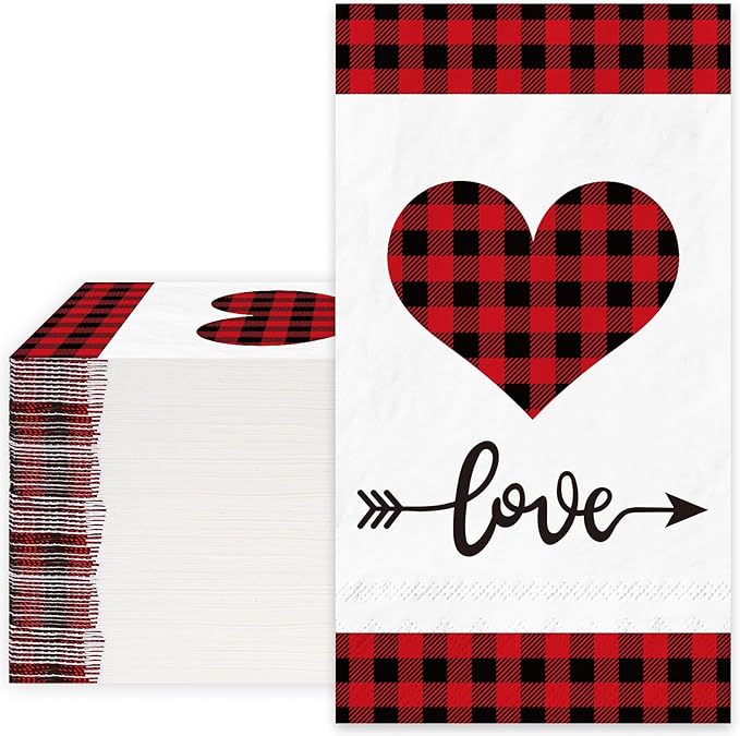 Valentine's Day Guest Napkins Red Black Plaid Heart 3 Ply Disposable Paper Napkins Love Dinner Hand Towel Napkins for Holiday Party Table Decor Supplies, 80Pcs