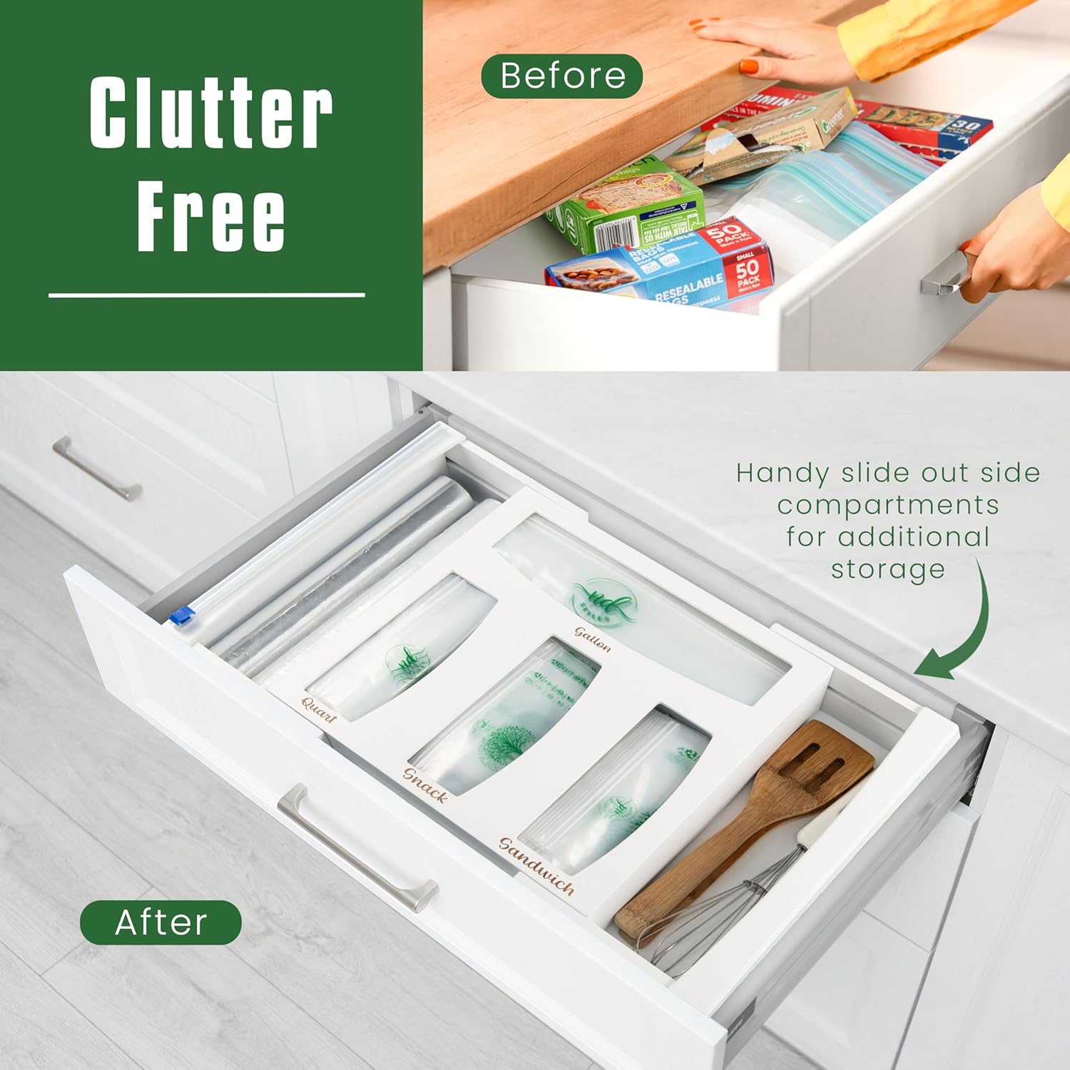 Sandwich Bag Organizer For Drawer - 6 in 1 Bamboo Foil and Baggie Storage Organizer - No Assembly Required - Includes 60 Eco Bags & Baggie Holder - Suitable for Wall & Drawer Storage