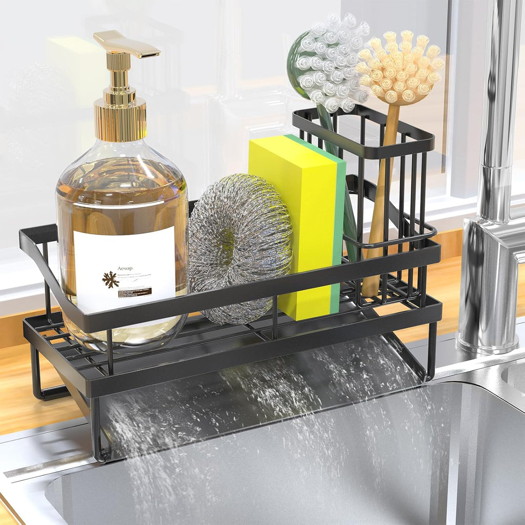 Kitchen Sink Caddy Sponge Holder, Kitchen Sink Organzier and Storage with High Brush Holder, Rustproof 304 Stainless Gadgets Dish Sponge Organizer (Black