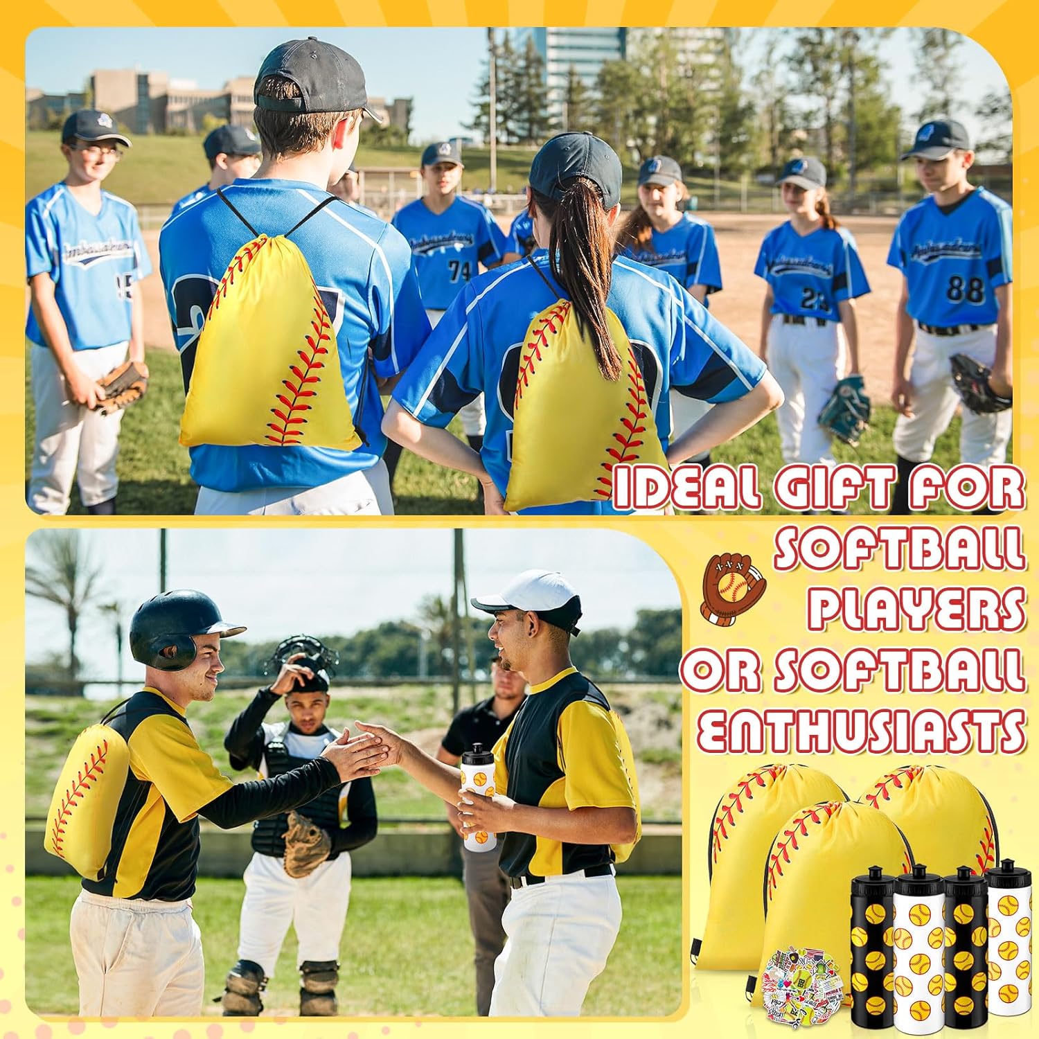 12 Pcs or 24 pc 20 Oz Softball Water Bottles Bulk with Drawstring Bag 50 Sticker Set Softball Squeeze Water Bottles Sports Reusable Bottle for Gym Bike Cycling Party Supplies Gifts