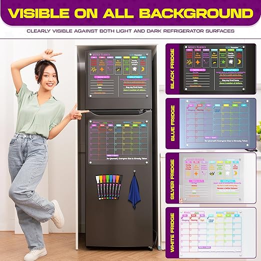 Acrylic Calendar for Fridge - 2 Pack Monthly & Weekly Planner Clear Board 12"x16" inc - Magnetic Calendar for Refrigerator - Fridge Calendar Magnet - Refrigerator Calendar Magnetic Dry Erase