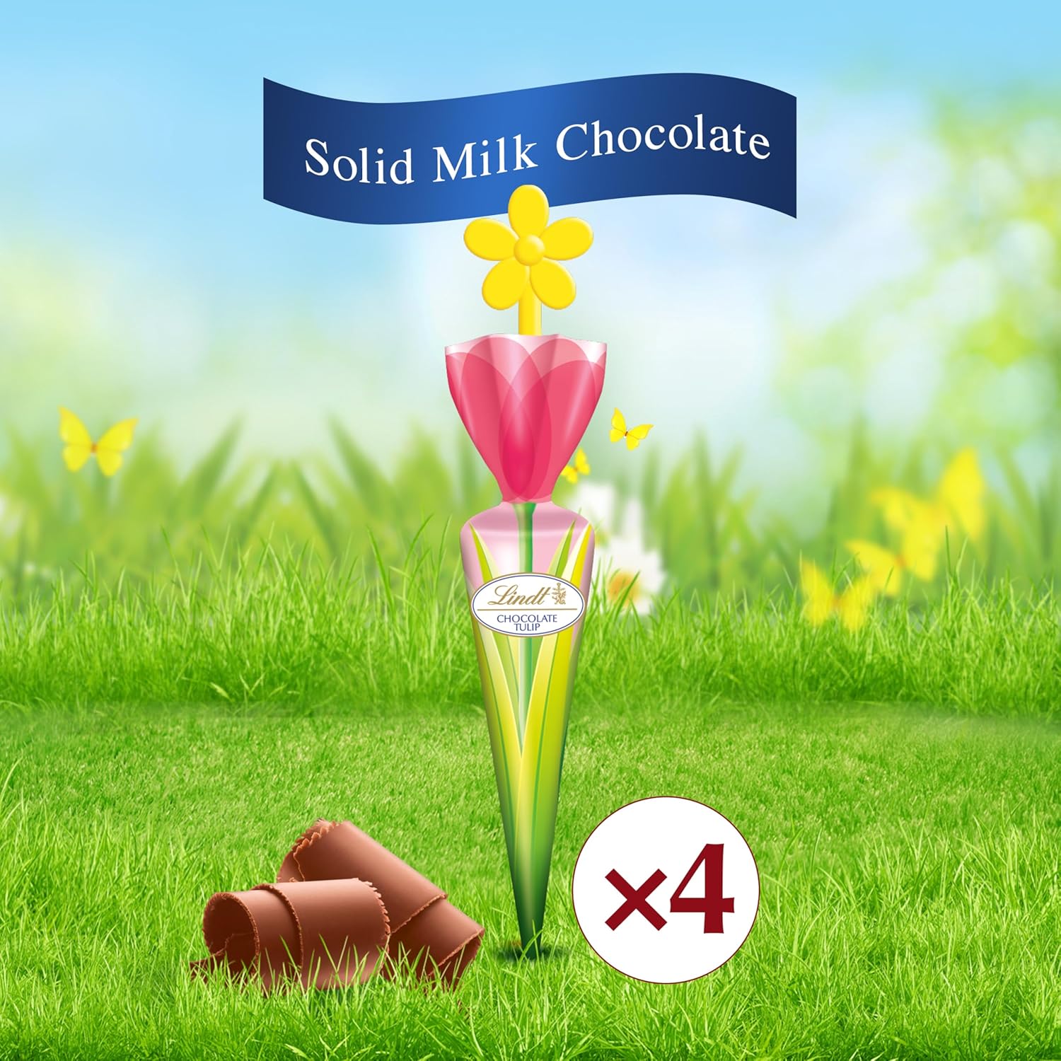 Lindt Chocolate Tulips, Tulip-Shaped Solid Milk Chocolate Easter Candy on a Stick, 4 Pack (Best By: 07/31/2025)