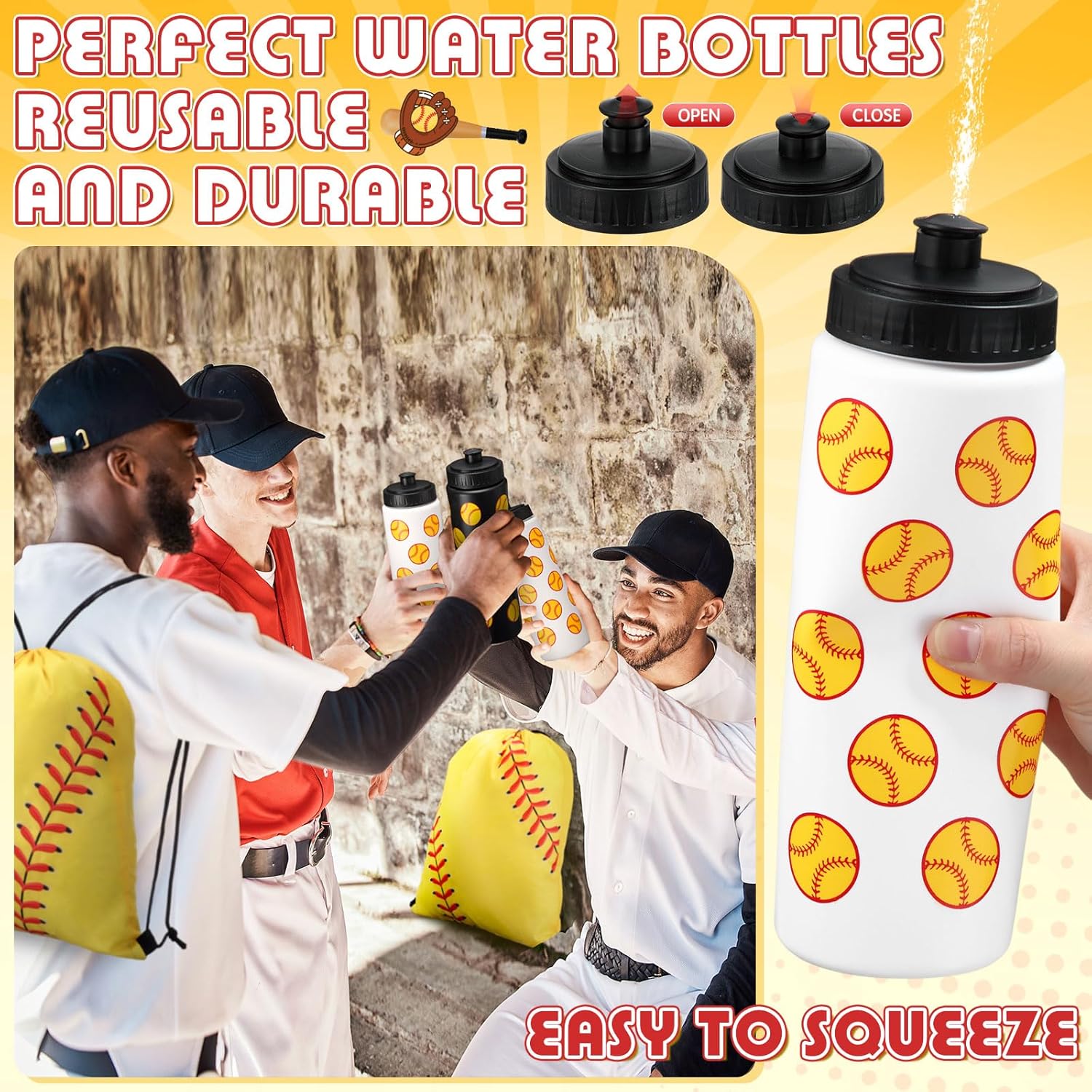 12 Pcs or 24 pc 20 Oz Softball Water Bottles Bulk with Drawstring Bag 50 Sticker Set Softball Squeeze Water Bottles Sports Reusable Bottle for Gym Bike Cycling Party Supplies Gifts