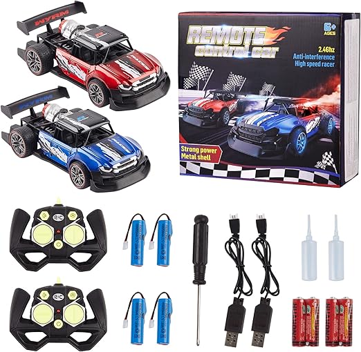 2-Pack Remote Control Drift Cars with Spray and Light - 2.4GHz 4WD High Speed Off-Road Trucks, Fog Mist Sport Racing Cars, Toy Vehicles for Adults, Kids, Boys, Girls (Blue and Red)