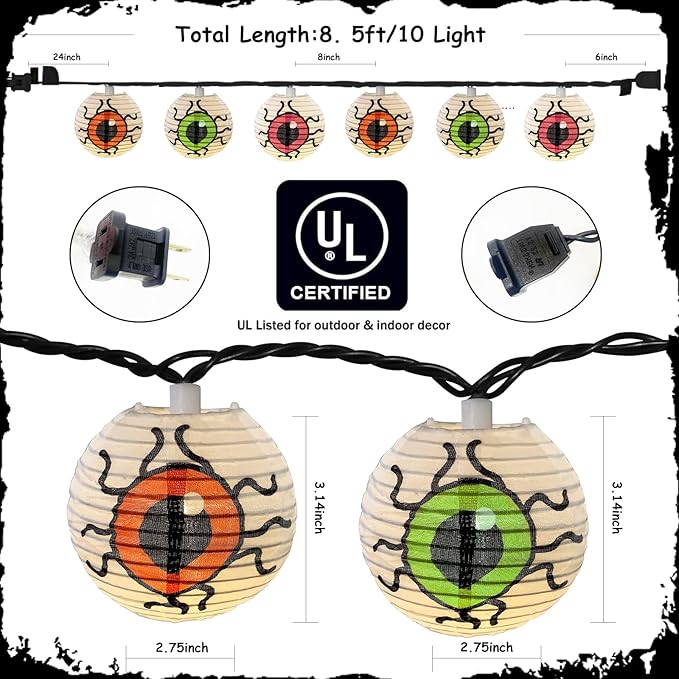 Halloween Lantern String Lights, 8.5Ft LED White Eye Lantern String Lights Plug in, 10 Halloween Lanterns String Lights Connectable Indoor/Outdoor Halloween Decoration