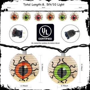 Halloween Lantern String Lights, 8.5Ft LED White Eye Lantern String Lights Plug in, 10 Halloween Lanterns String Lights Connectable Indoor/Outdoor Halloween Decoration
