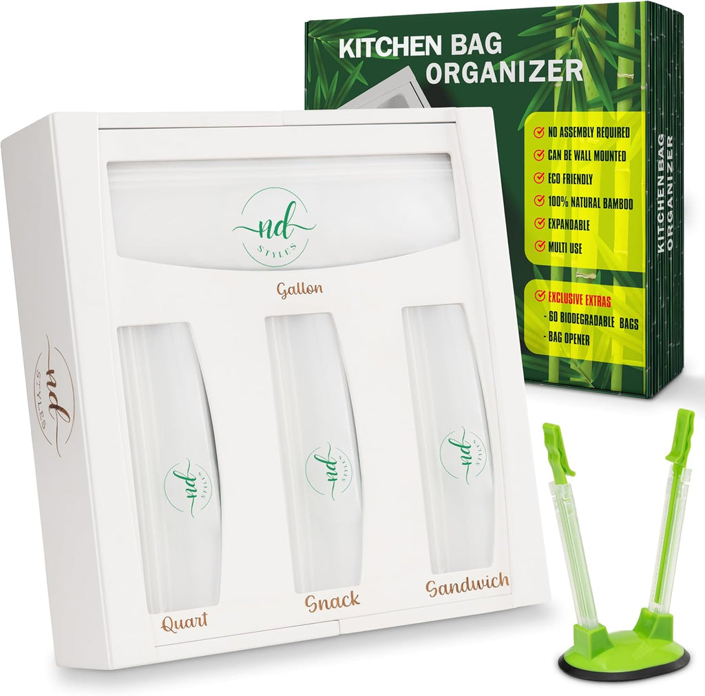 Sandwich Bag Organizer For Drawer - 6 in 1 Bamboo Foil and Baggie Storage Organizer - No Assembly Required - Includes 60 Eco Bags & Baggie Holder - Suitable for Wall & Drawer Storage