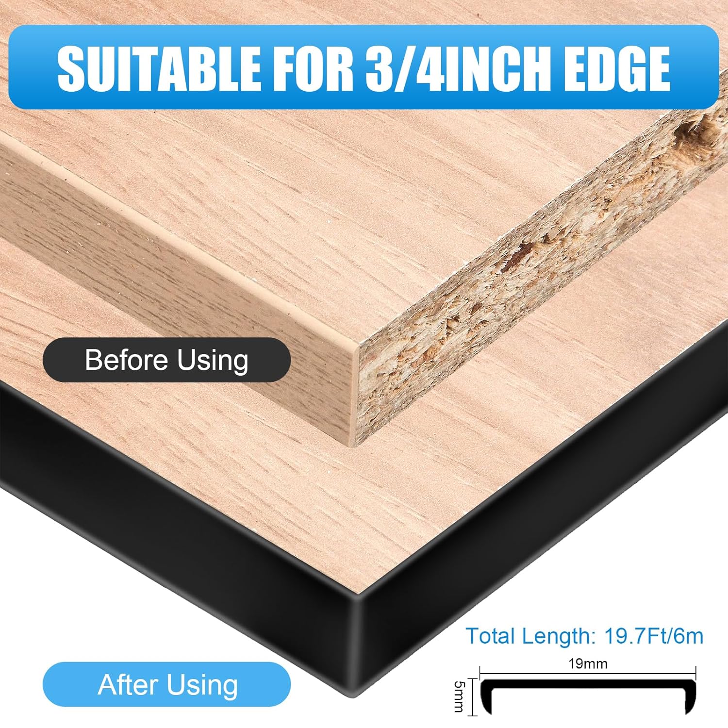 19.7Ft U Shape Banding, Fit 3/4inch Plywood Trim, Self-Adhesive TPE Edge Protector U Channel Safety Guards for Veneer Furniture Countertop Table Cabinets Shelves Black