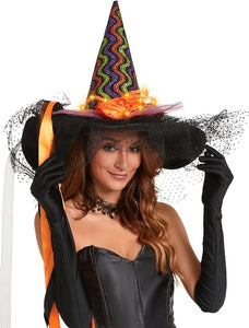 QinYing Black Halloween Costume LED Light Witch Hats for Women Steeple Top with Lamp for Party Black