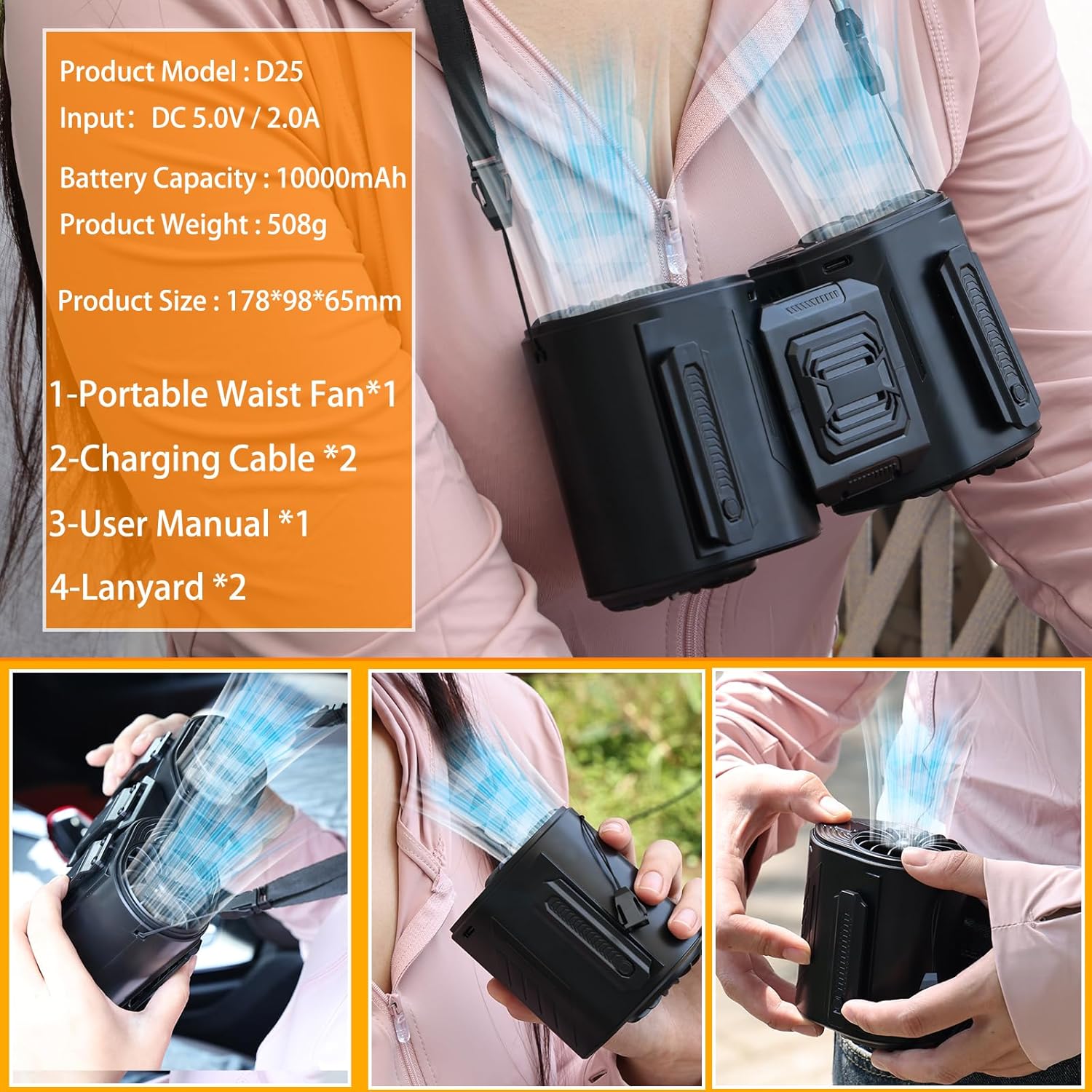 Portable Waist Fan Detachable Double Fan Combination Turbo Technology10000 mAh 5-Speed 13000RPM Clip On Belt Wearable Personal Neck Fan for Traveling Outdoor Jobsite Camping