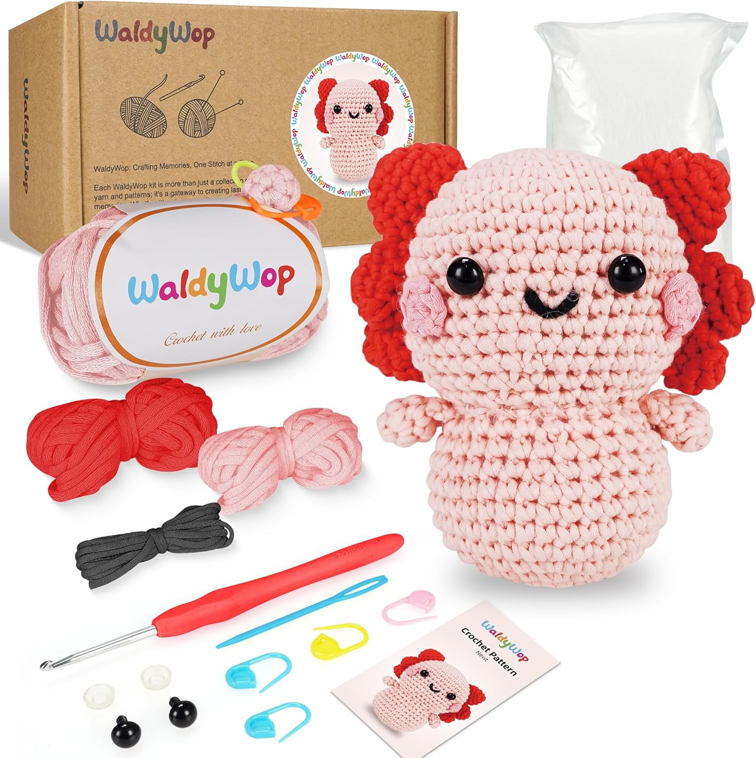 WaldyWop Crochet Kit for Beginners Kids, Wobbles Crochet Animal Kit, Complete Starter Knitting Set w/Step-by-Step Video Tutorials, Easy Yarn (Extra 40%), Hook - DIY Craft Kits, Gifts for Girls Teen