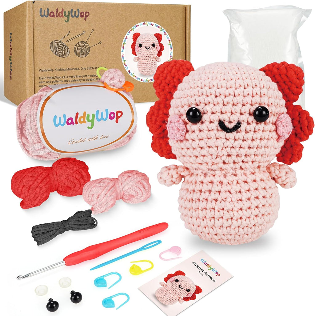 WaldyWop Crochet Kit for Beginners Kids, Wobbles Crochet Animal Kit, Complete Starter Knitting Set w/Step-by-Step Video Tutorials, Easy Yarn (Extra 40%), Hook - DIY Craft Kits, Gifts for Girls Teen