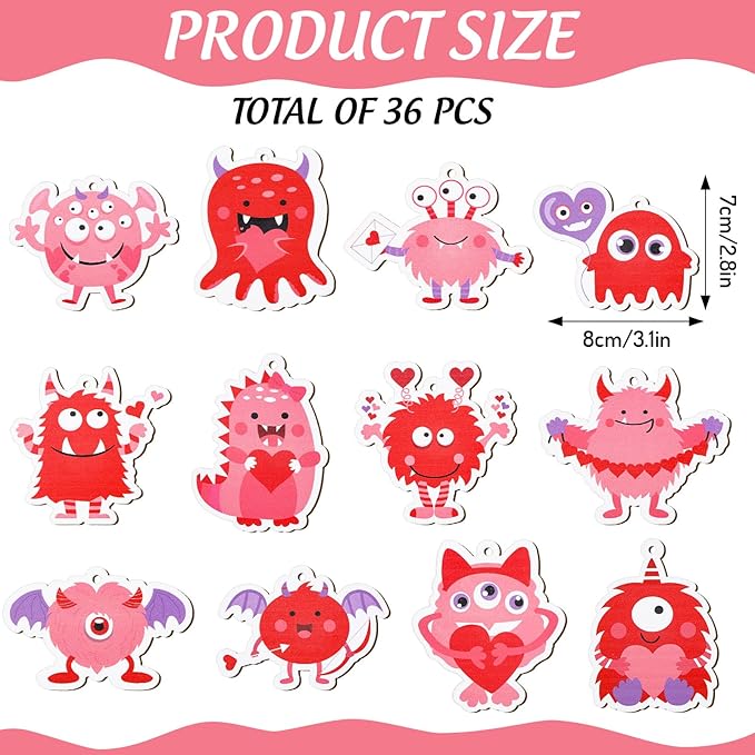 Little Monster Valentines Ornaments with String (36 pc)