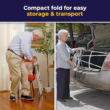 Drive Medical 10210-1 2-Button Folding Walker with Wheels, Rolling Walker, Front Wheel Walker, Lightweight Walkers for Seniors and Adults Weighing Up To 350 Pounds, Adjustable Height, Silver