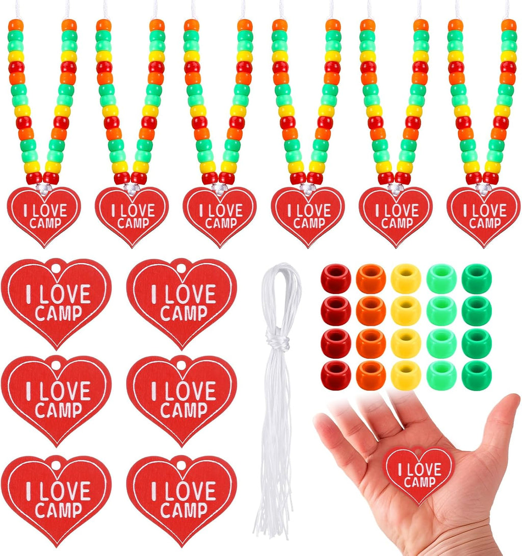 24 Sets Camp Necklace Craft Camping Party Favors I Love Camp Beaded Necklace Craft Kit Colorful Travel Camping Beads Bulk for Birthday Classroom School Rewards Supplies