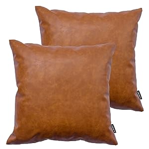 HOMFINER Faux Leather Throw Pillow Covers, 18 x 18 inch Set of 2 Thick Cognac Brown Modern