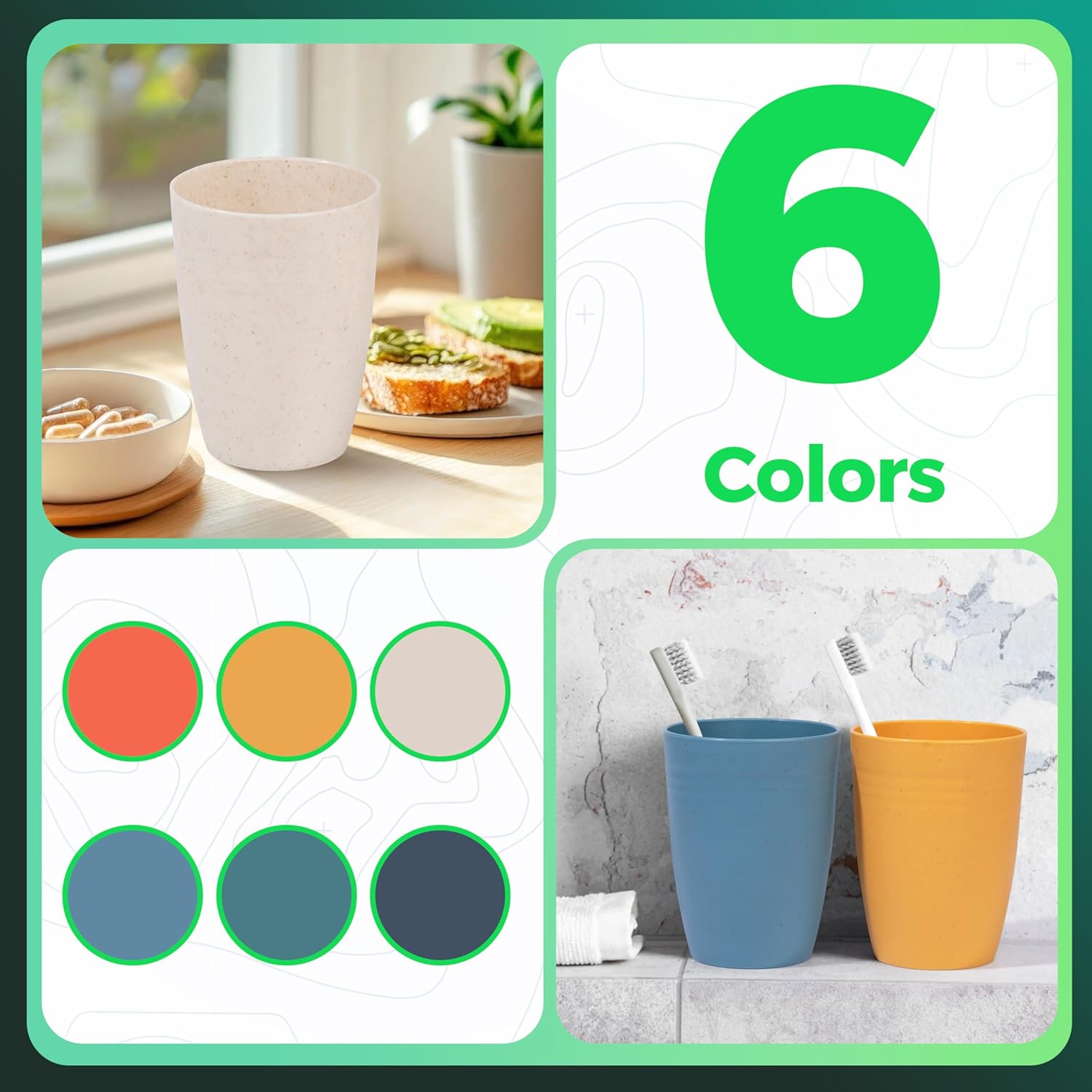 12 Ounce Set Of 6 Unbreakable wheat straw fiber cups Drinking Reusable Stackable Cup BPA Free Water colorful Tumblers For Kitchen Dishwasher And Microwave Safe 6 Colorful Cups.