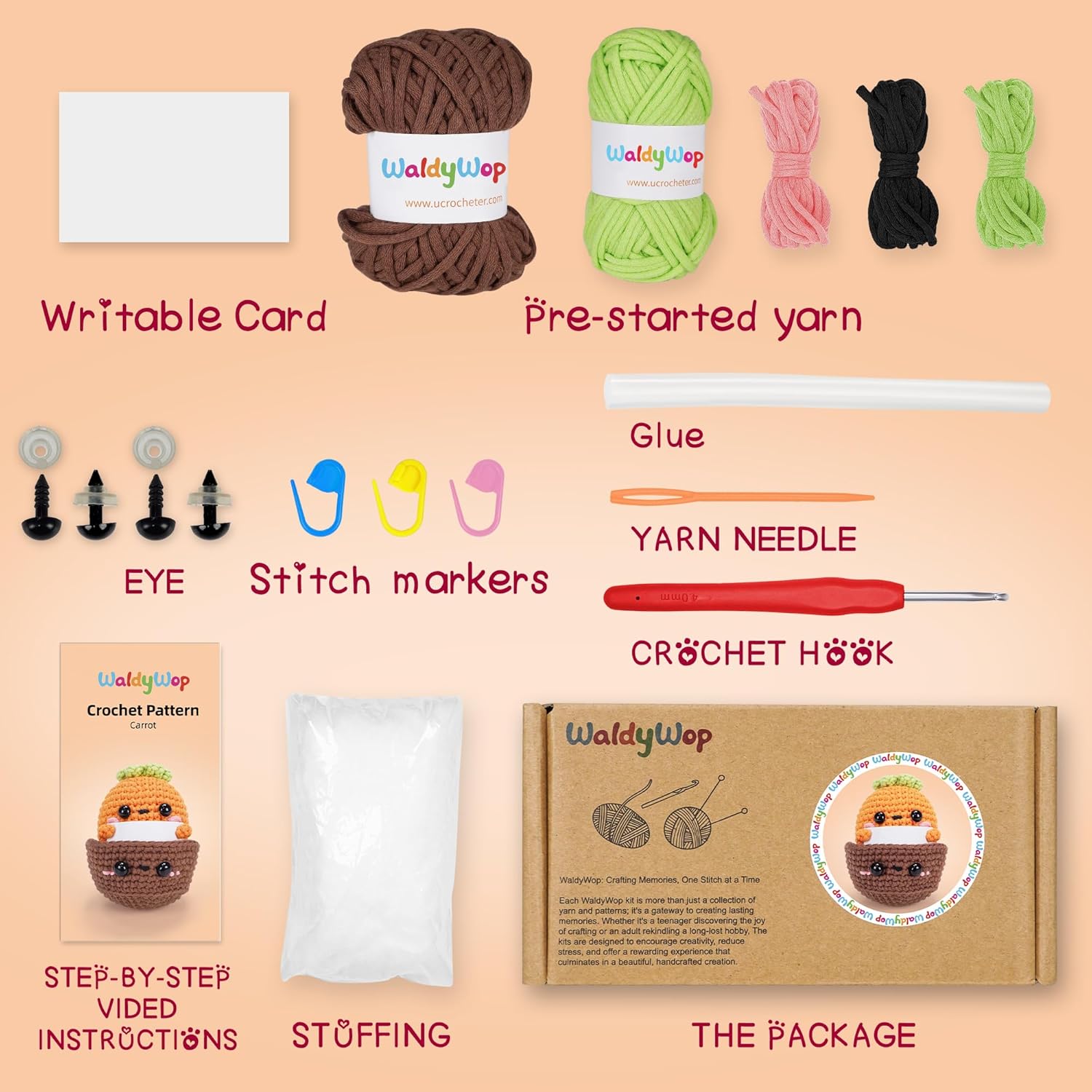 WaldyWop Crochet Kit for Beginners Kids, Wobbles Crochet Animal Kit, Complete Starter Knitting Set w/Step-by-Step Video Tutorials, Easy Yarn (Extra 40%), Hook - DIY Craft Kits, Gifts for Girls Teen