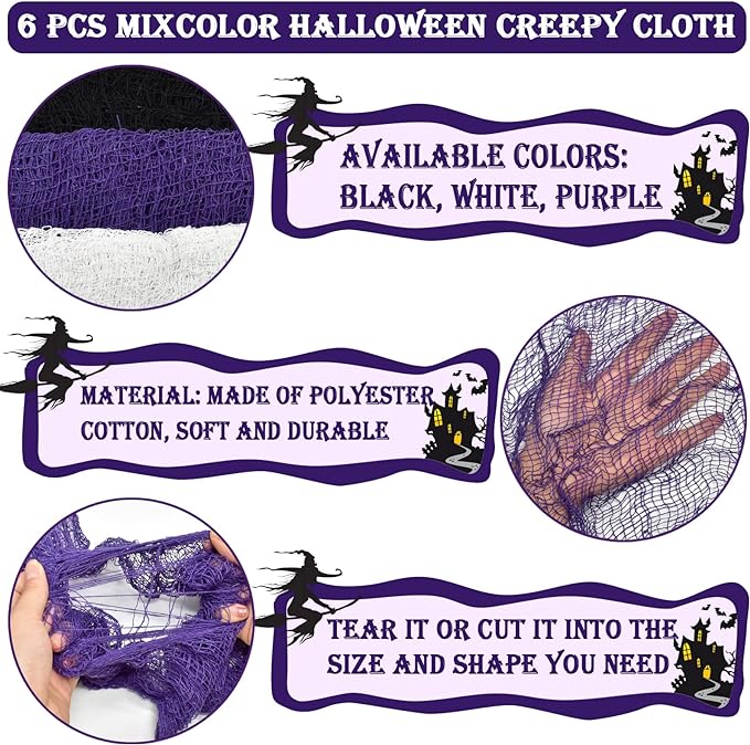 ZeeDix 6 Pack Halloween Creepy Cloth 30 x 75 Inch Black, White, Purple