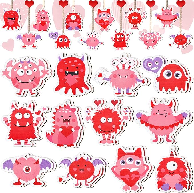 Little Monster Valentines Ornaments with String (36 pc)