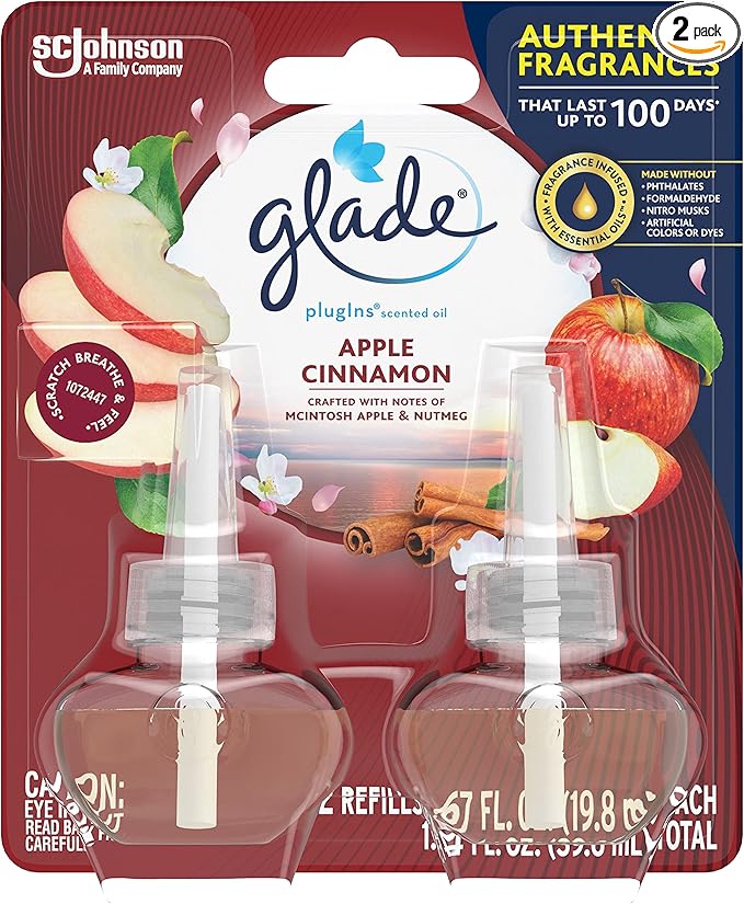 Glade PlugIns Refills Air Freshener, Scented and Essential Oils for Home and Bathroom, Apple Cinnamon, 1.34 Fl Oz, 2 Count