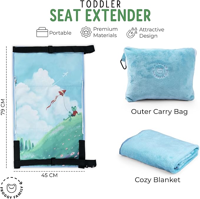 Airplane Seat Extender for Kids - Travel Bed for Baby with Built-in Sleeping Bag Function - Durable and Comfortable Airplane Bed for Toddler - Kids Travel Essentials for Flying Blue