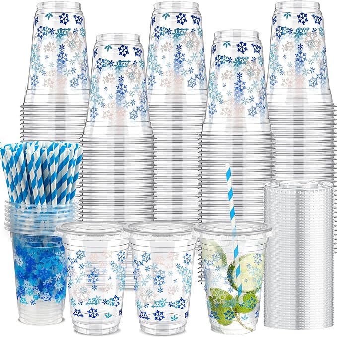 300 Pcs/100 Sets Snowflake Plastic Cups with Lids and Paper Straws 16oz Christmas Snowflake Holiday Cup Clear Disposable Drinking Cup for Winter Christmas Party Cold Beverages Drinks