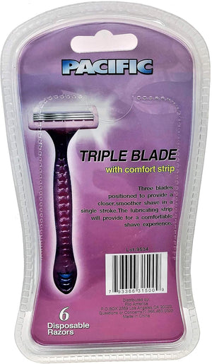 Disposable Razors for Women with Triple Blade with Comfort Strip For Closer Smooth by PACIFIC (6 Razors)