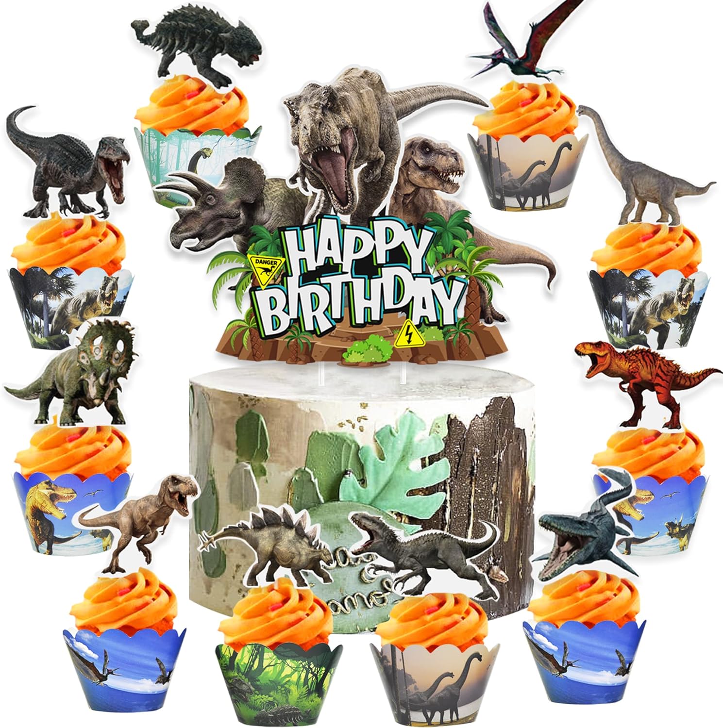 Dinosaur Cake Toppers 44 Pcs, Dinosaur Cupcake Wrappers and Toppers Supplies