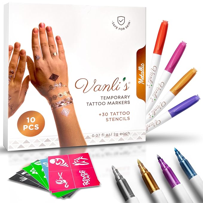 Vanli's Metallic 10 Temporary Tattoo Markers, Temporary Tattoo Pens with 30 Tattoo Stencils