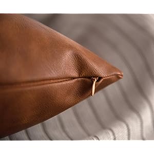 HOMFINER Faux Leather Throw Pillow Covers, 18 x 18 inch Set of 2 Thick Cognac Brown Modern