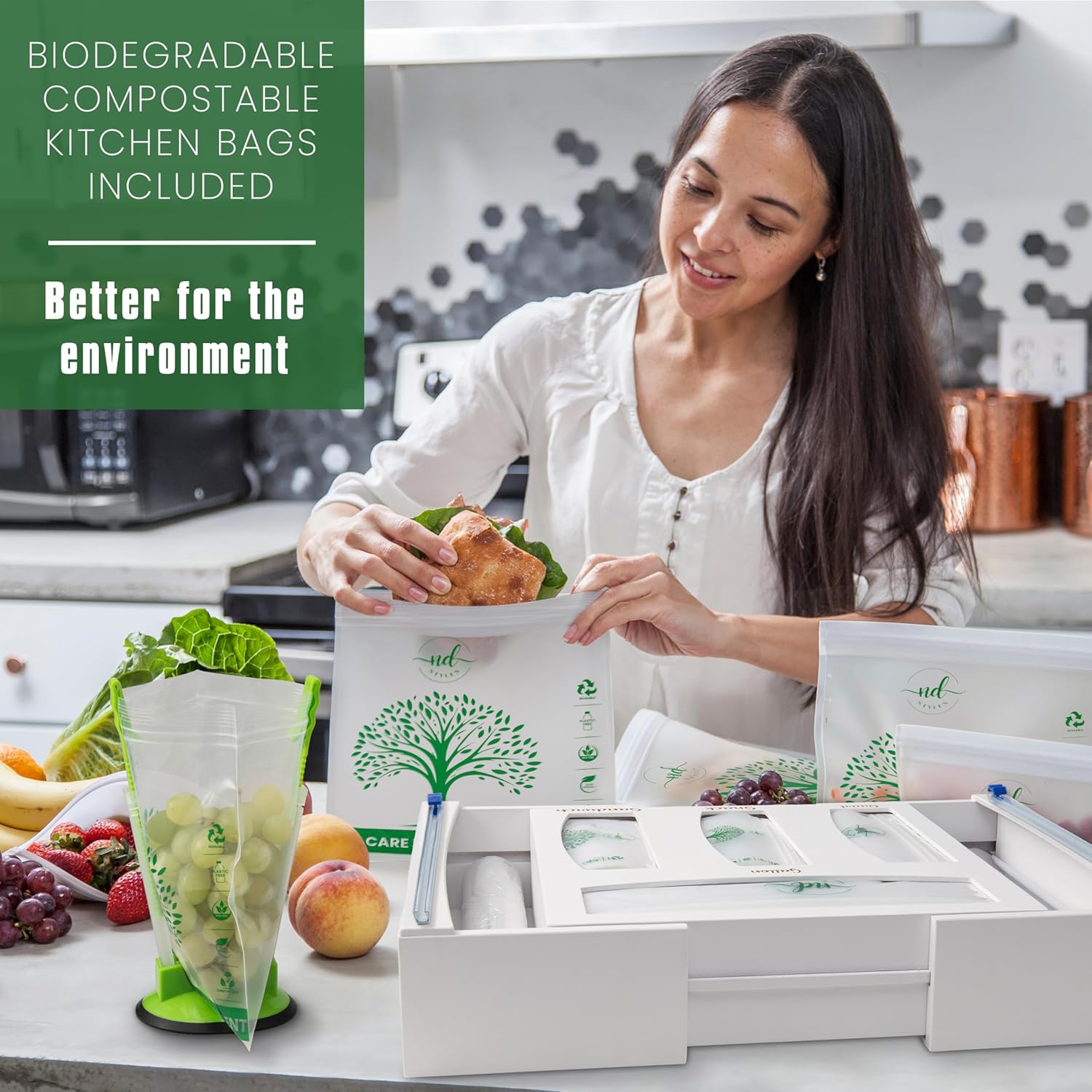 Sandwich Bag Organizer For Drawer - 6 in 1 Bamboo Foil and Baggie Storage Organizer - No Assembly Required - Includes 60 Eco Bags & Baggie Holder - Suitable for Wall & Drawer Storage