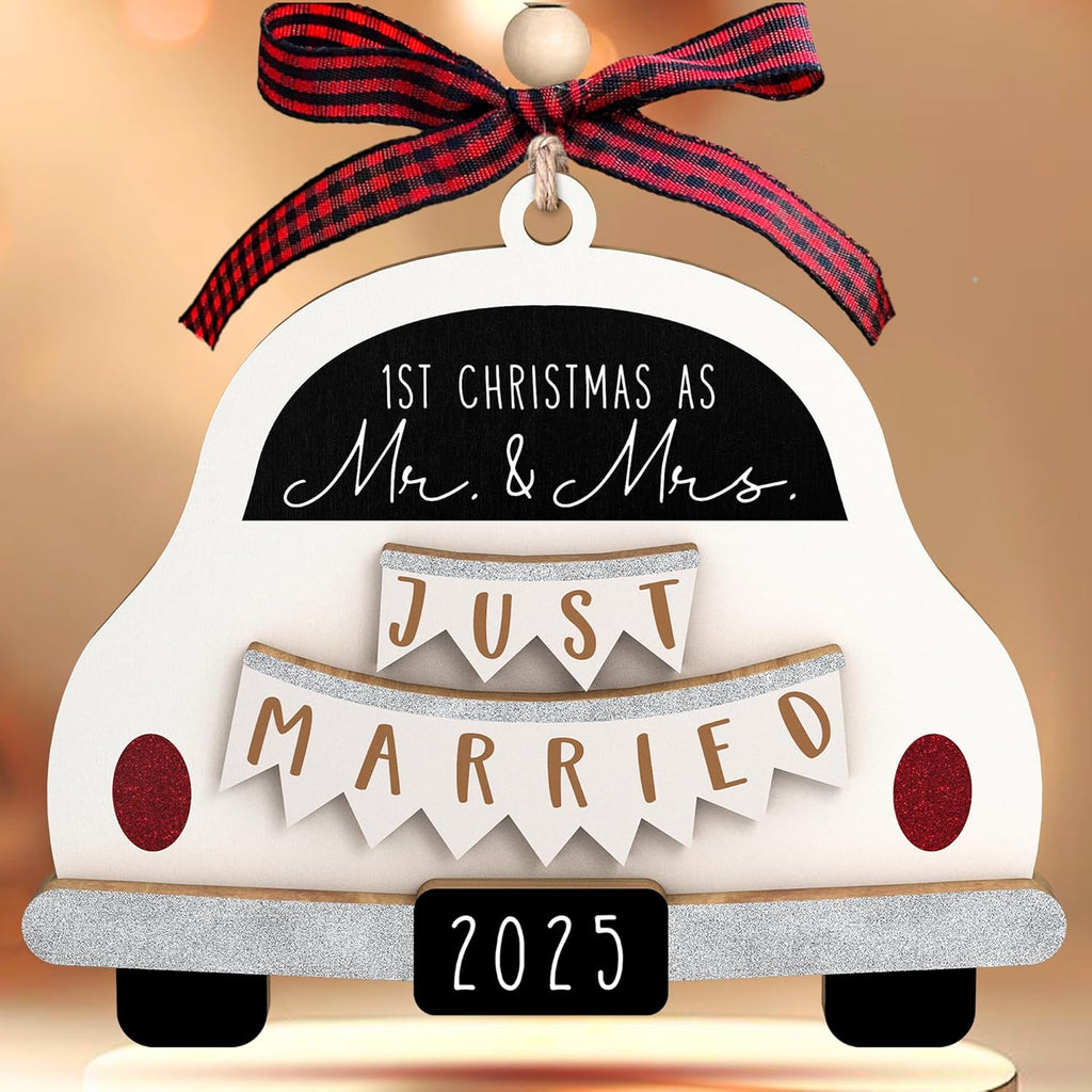Mr and Mrs Gifts - Wedding Gift for Couples 2025, Bride, Future Mr and Mrs - First Christmas Married Ornament 2025 - Bridal Shower Gift for Married Newlywed - Wood Ornament
