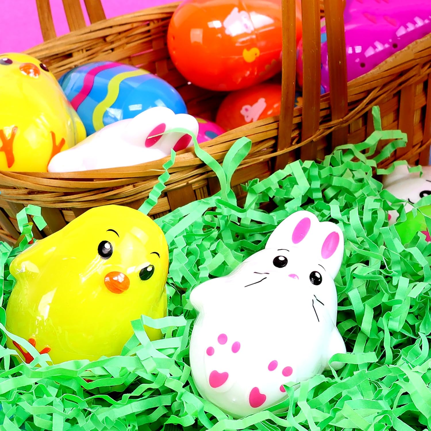 18 Count Prefilled Plastic Eggs with Candy Jelly Beans- Assorted Bunnies, Chicks, and Patterned Eggs (Best By: 02/2027)