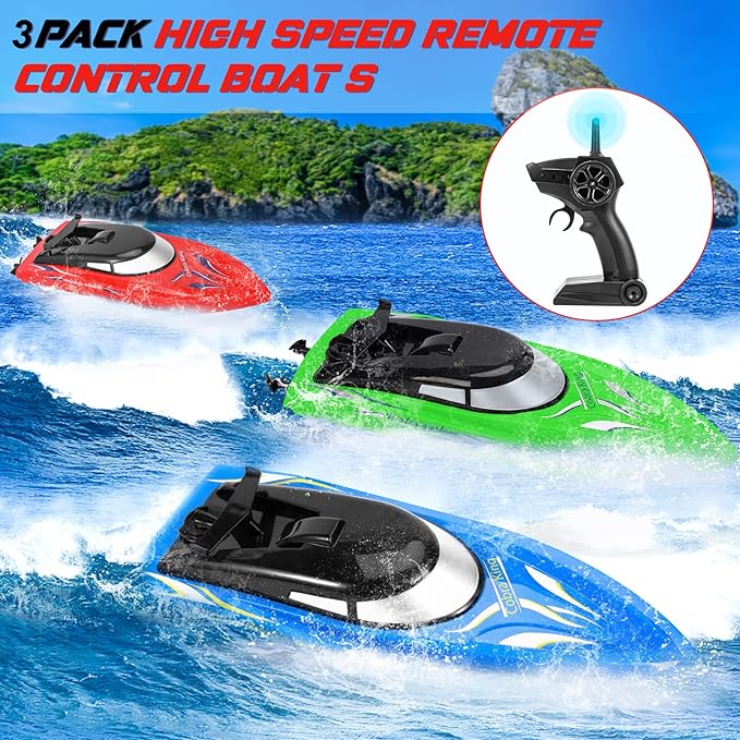 3 PACK RC Boat, Remote Control Boats for Kids and Adults,10km/H 2.4G High Speed Remote Control Boat, Fast RC Boats for Pools and Lakes with 6 Rechargeable Battery(3 in The Boat).
