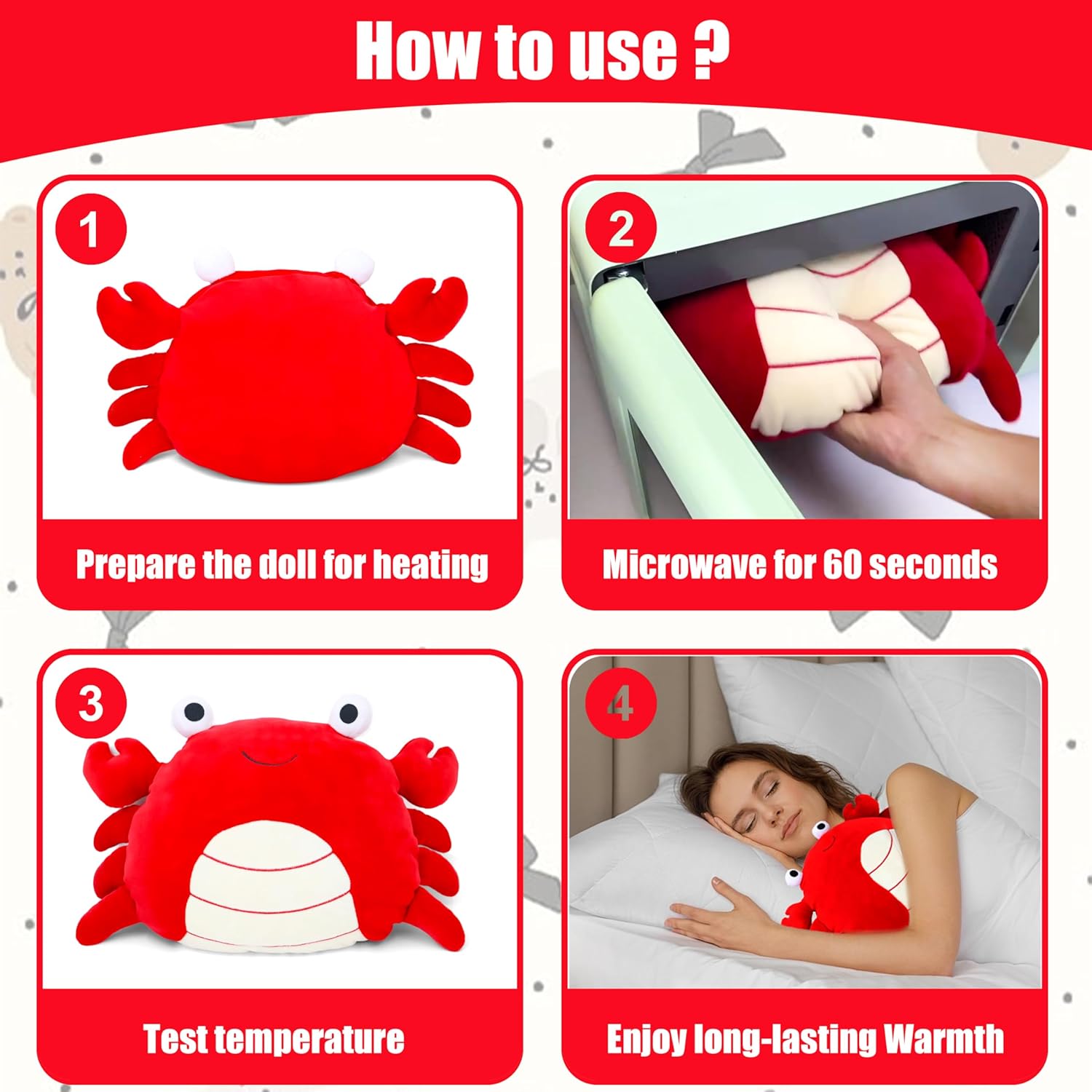 Microwavable Cute Crab Plush Heating Pad, Lavender-Scented Cozy Warm Stuffed Animal for Cramps & Pain Relief, Heated Plush Toy for Bedtime Cuddles, Stress Relief Gift for Women