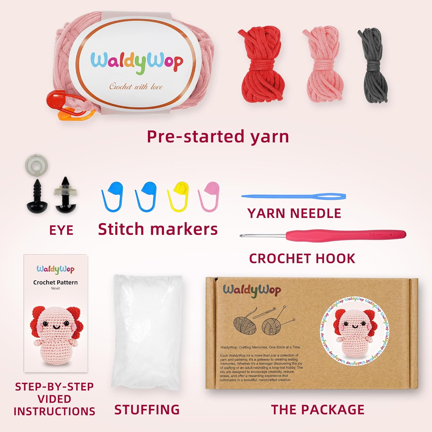 WaldyWop Crochet Kit for Beginners Kids, Wobbles Crochet Animal Kit, Complete Starter Knitting Set w/Step-by-Step Video Tutorials, Easy Yarn (Extra 40%), Hook - DIY Craft Kits, Gifts for Girls Teen