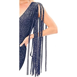 Women's Sexy Deep-V Sequin Glitter Tassel Sleeve Party Mini Dress (Royal Blue, L)