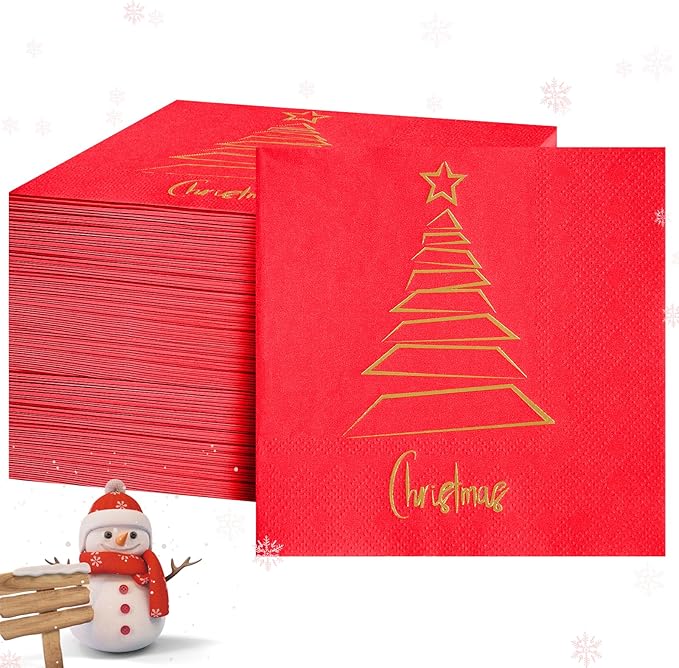 100-Count 2-Ply Christmas Napkins - Red and Gold Disposable Premium Quality - 5" x 5" for Xmas Party