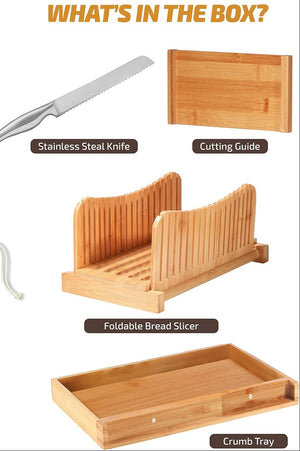 Bread Slicer for Homemade Bread - Bamboo Bread Cutter with Knife, Foldable Slicing Guide, Crumb Tray - Compact Bread Loaf Slicer for Cakes, Bagels, Loaves