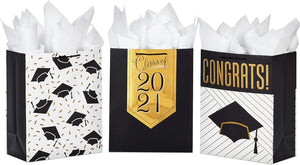 Hallmark 13" Large Graduation Gift Bags Assortment with Tissue Paper, Black and Gold Class of 2021," "Congrats, Mortarboards, 3 Pack