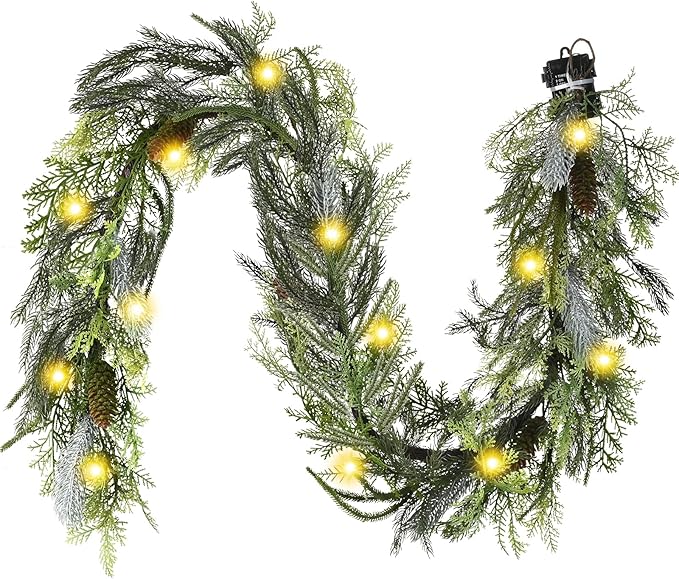 Decorbyhannah Christmas Garland with Lights, Prelit 6ft Lighted Norfolk Pine Garland, Battery Operated Artificial Greenery Christmas Decorations for Mantle, Home Decor Indoor Outdoor